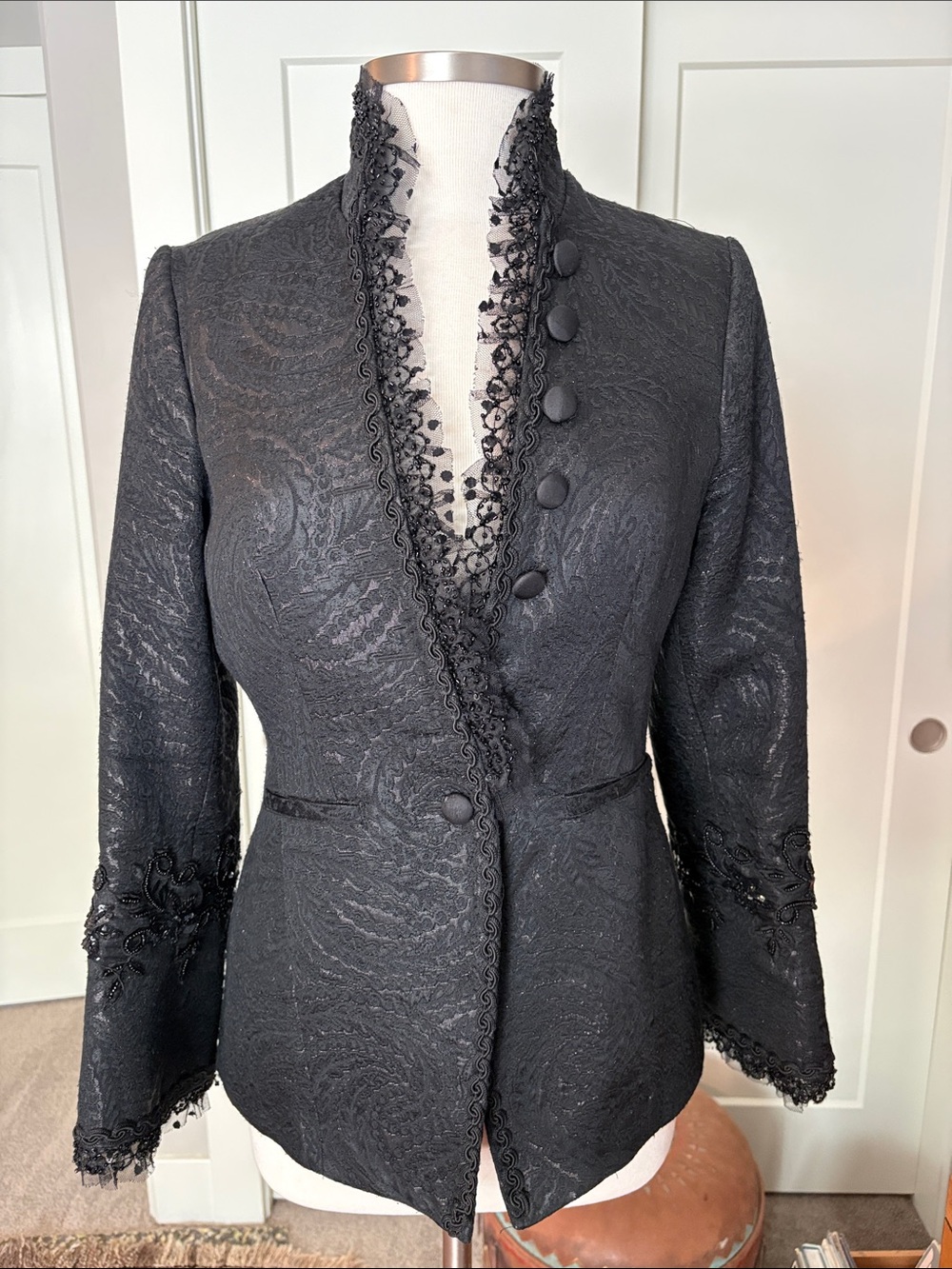 Double D Ranch vintage Black brocade Embroidered, sequins & Lace-Trim Jacket. XS